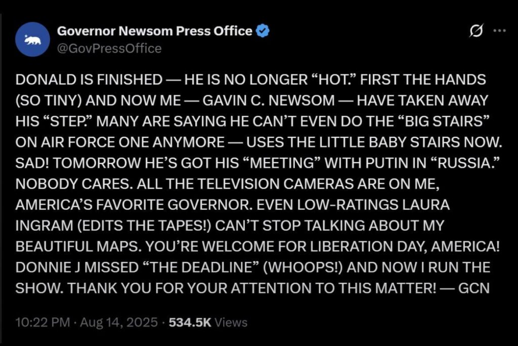 Governor Newsom declares tiny-handed Trump no longer “hot”