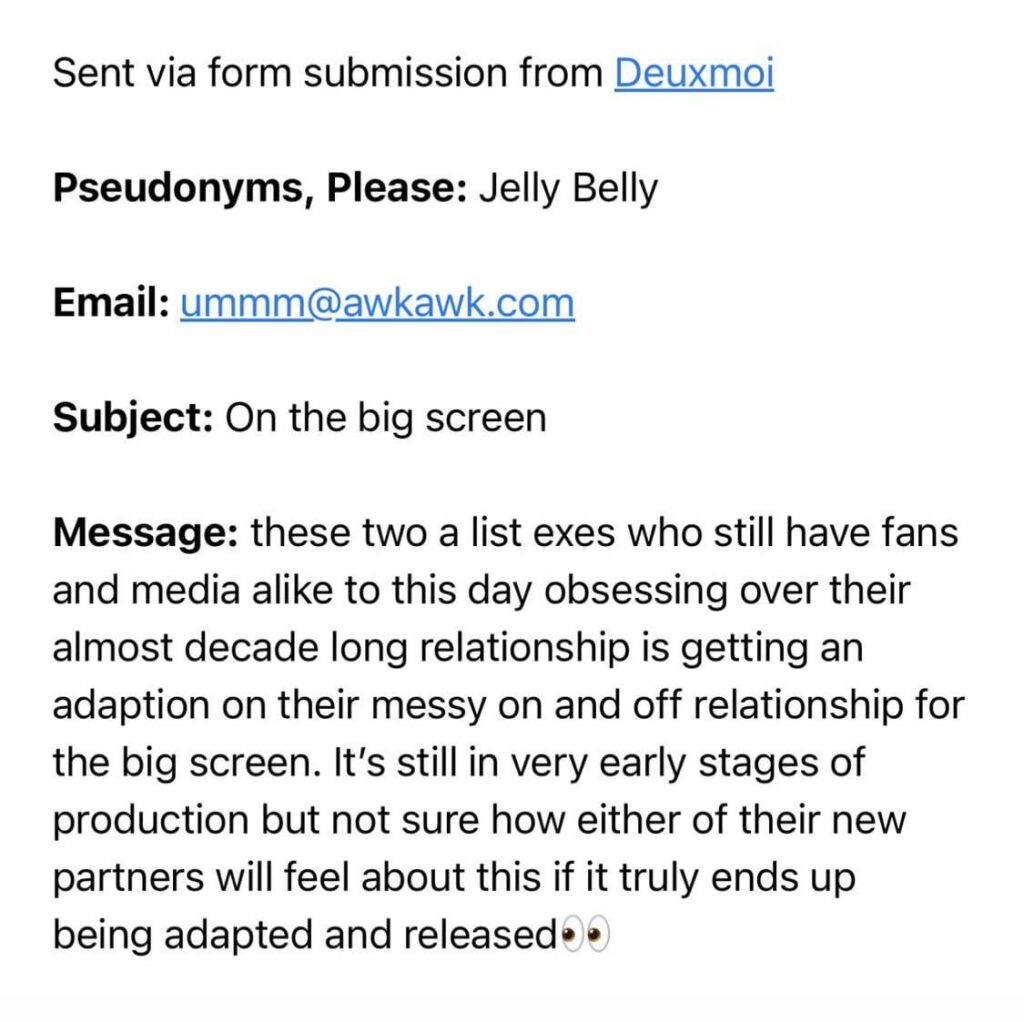 Which decade long on & off relationship between two A-list exes is in the early stages of getting a big screen adaption?