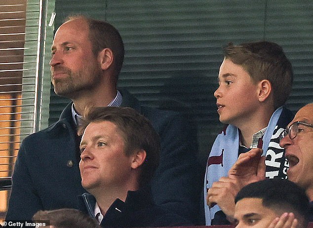 In April, the Duke and Duchess of Westminster joined Prince William and Prince George to cheer on Aston Villa in the Champions League (pictured: the Duke below William)
