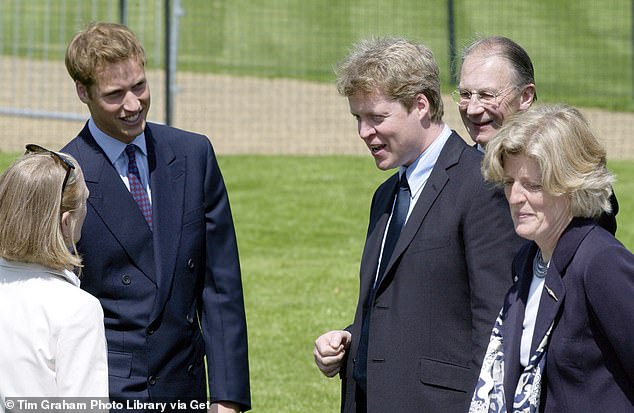 Prince William, Earl Spencer, Lord Fellowes and Lady Jane Fellowes chat with Gustafson, the designer of the Diana, Princess Of Wales Memorial Fountain in Hyde Park