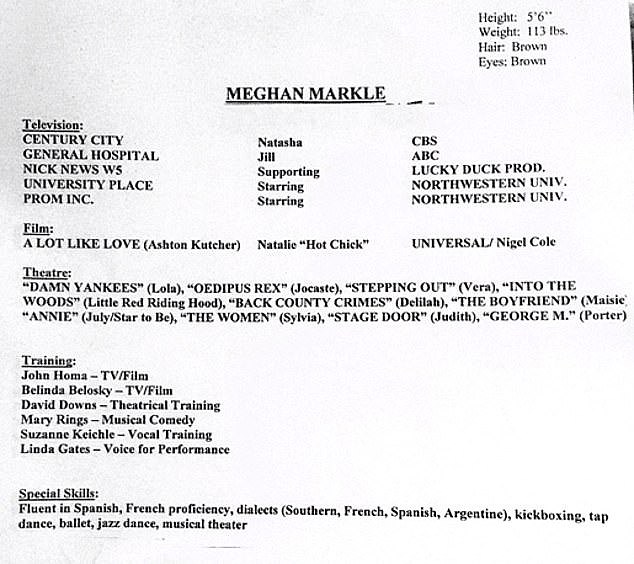 Meghan's CV from before her marriage to Harry was shared on Twitter, which included her eye colour, height and weight