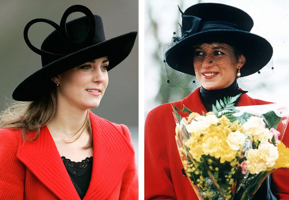 (FILE PHOTO) In this photo composite image a comparison has been made between, Left; SURREY, ENGLAND - DECEMBER 15: Kate Middleton, Prince William's girlfriend, attends the Sovereign's Parade at Sandhurst Military Academy to watch the passing-out parade on December 15, 2006 in Surrey, England. (Photo by Tim Graham Photo Library via Getty Images) and Right; SANDRINGHAM, UNITED KINGDOM - DECEMBER 25: Princess Diana At Sandringham On Christmas Day. The Princess Is Wearing A Red Coat And A Broad-brimmed Black Hat. She Is Carrying A Bouquet Of Flowers. (Photo by Tim Graham Picture Library/Getty Images). Kate Middleton will be celebrating her 26th Birthday on January 9, 2008.