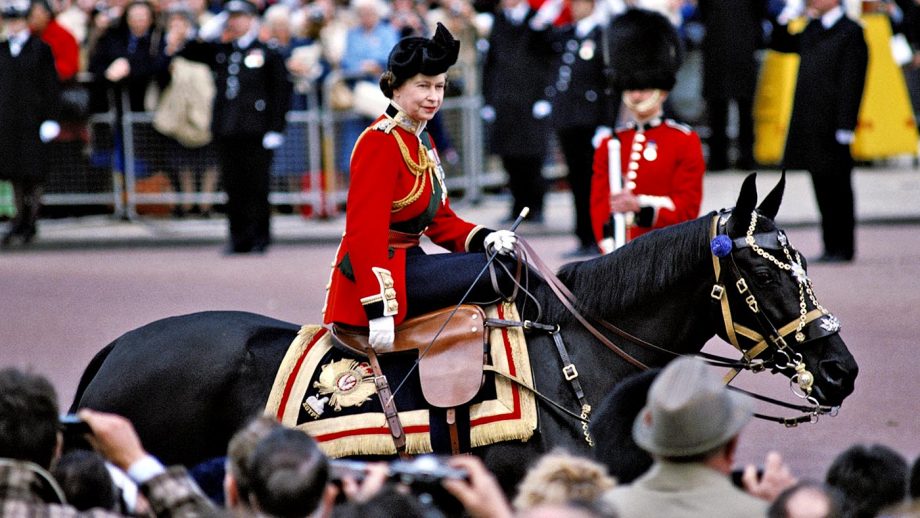 The Queen riding Burmese during the Trooping of the Colour
