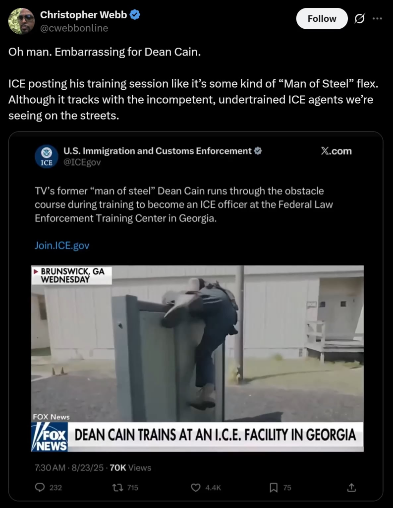 Dean Cain demonstrates the rigorous training regimen required by ICE to body slam elderly women selling mangos