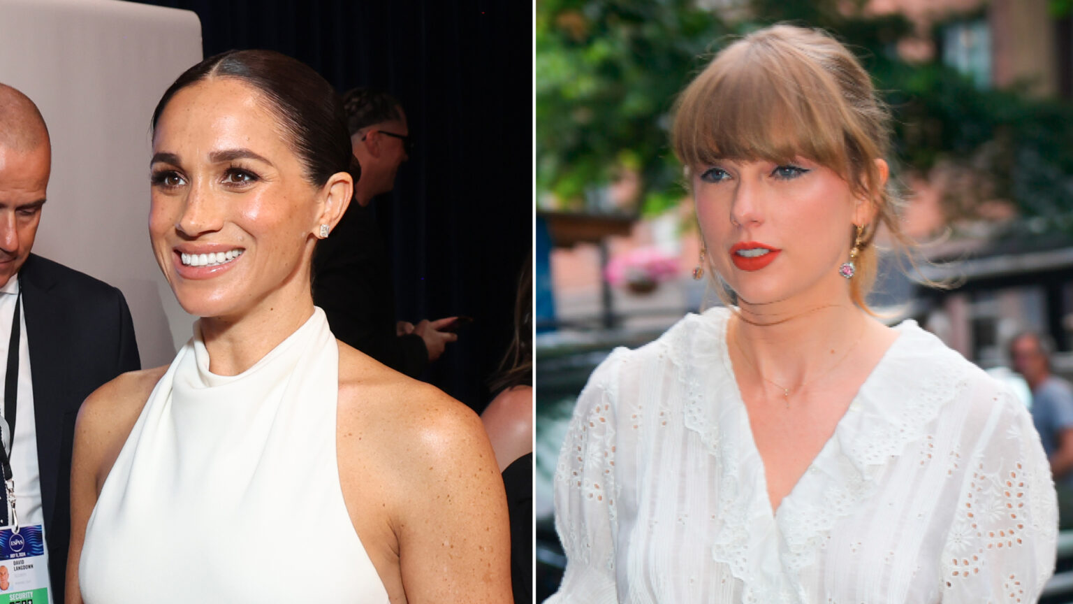 Meghan Markle wears a white halter dress and Taylor Swift wears a white D&ocirc;en top