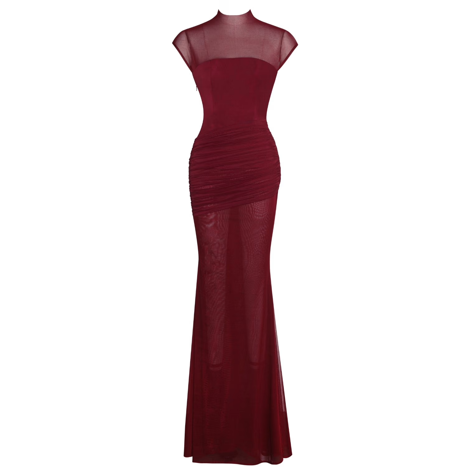 A burgundy evening dress with sheer panels