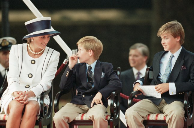 Princess Diana with her sons Harry and William at the VJ Day 50th anniversary commemorations in The Mall, London. The Princess shares a light conversation with her youngest son, Prince Harry, as Prince William looks on. Princess Diana wears a Tomasz Starzewski suit with Philip Somerville hat; Picture taken 19th August 1995. (Photo by Kent Gavin/Daily Mirror/Mirrorpix via Getty Images)