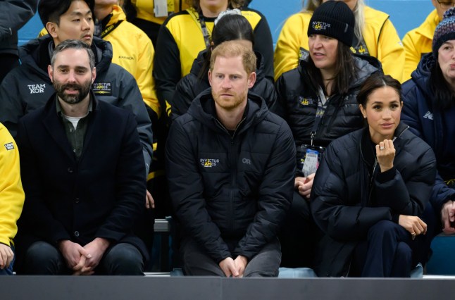 Nick Loughran, Prince Harry, Duke of Sussex and Meghan, Duchess of Sussex attend the Wheelchair Curling on day one of the 2025 Invictus Games at the Hillcrest Community Centre on February 09, 2025 in Vancouver, British Columbia. (Photo by Karwai Tang/WireImage)