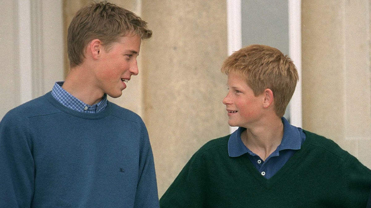 A young Prince William and Prince Harry smiling at each other wearing matching sweaters.