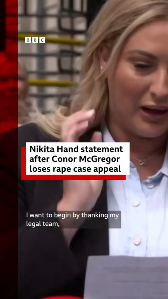 Nikita Hand speaks out after Conor McGregor loses his appeal against a civil jury’s finding that he sexually assaulted her: “To every survivor out there, I know hard it is, but please don’t be silent. You deserve to be heard, you also deserve justice.” Nikita Hand speaks out after Conor McGregor loses his appeal against a civil jury’s finding that he sexually assaulted her: “To every survivor out there, I know hard it is, but please don’t be silent. You deserve to be heard, you also deserve justice.”