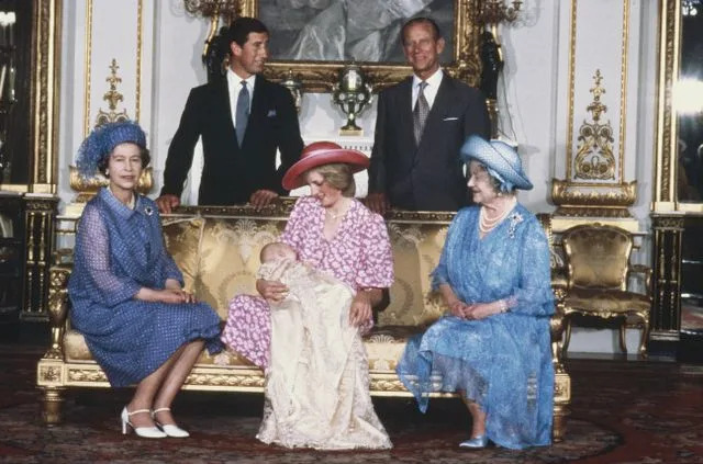Getty Queen Elizabeth, Prince Charles, Princess Diana, Prince William, Prince Philip, and the Queen Mother at William's christening