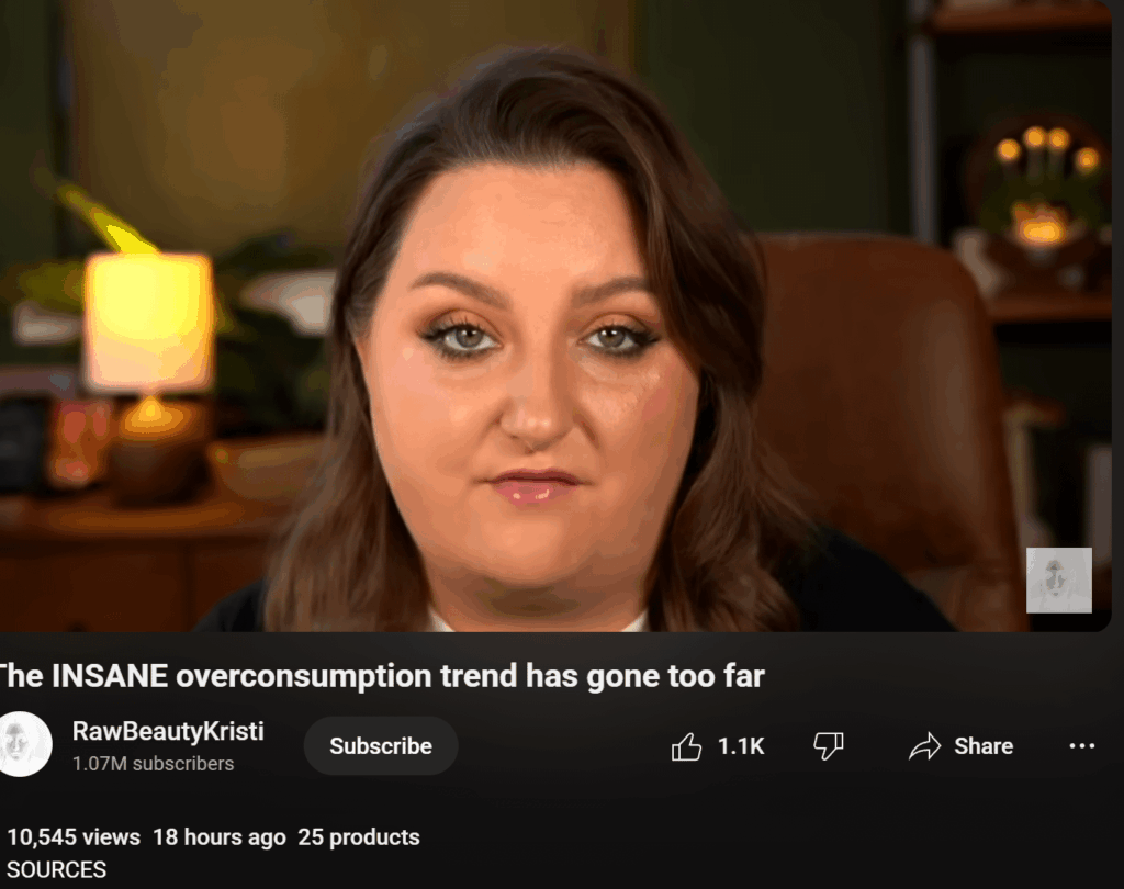 MAGA-adjacent crunchy mom and former beauty influencer RawBeautyKristi drops a video sermon on overconsumption… then kindly links 25 products through her affiliate codes in case we feel compelled to consume