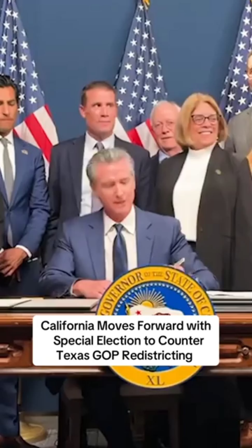 ‘I just signed the Election Rigging Response Act to put Proposition 50 up for a vote on November 4th. The people of California will have the power to push back against Texas and any other state that obeys Trump’s demand to rig the next election.’ @cagovernor