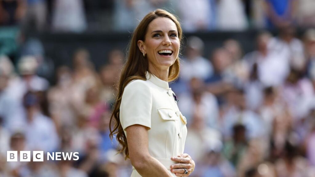 Catherine, Princess of Wales, wears white on a sunny day at Wimbledon