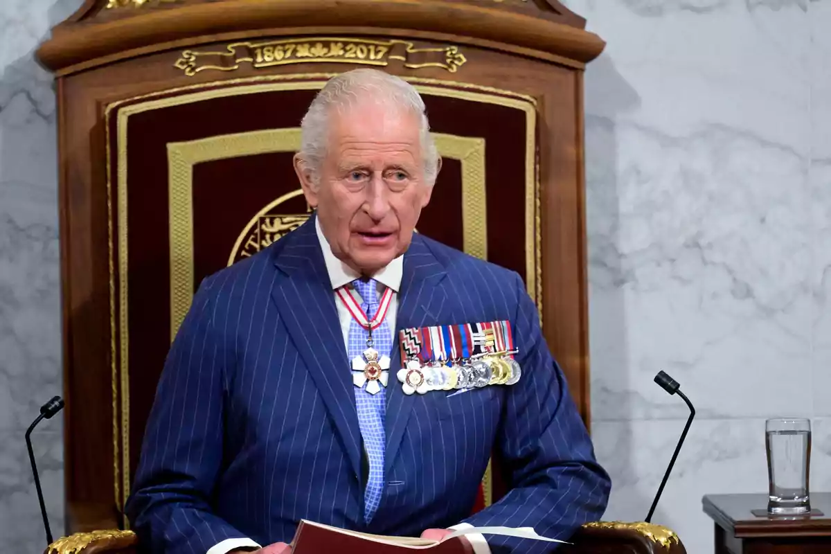 Charles III dressed in a blue pinstripe suit with decorations, seated on a wooden throne adorned with golden details