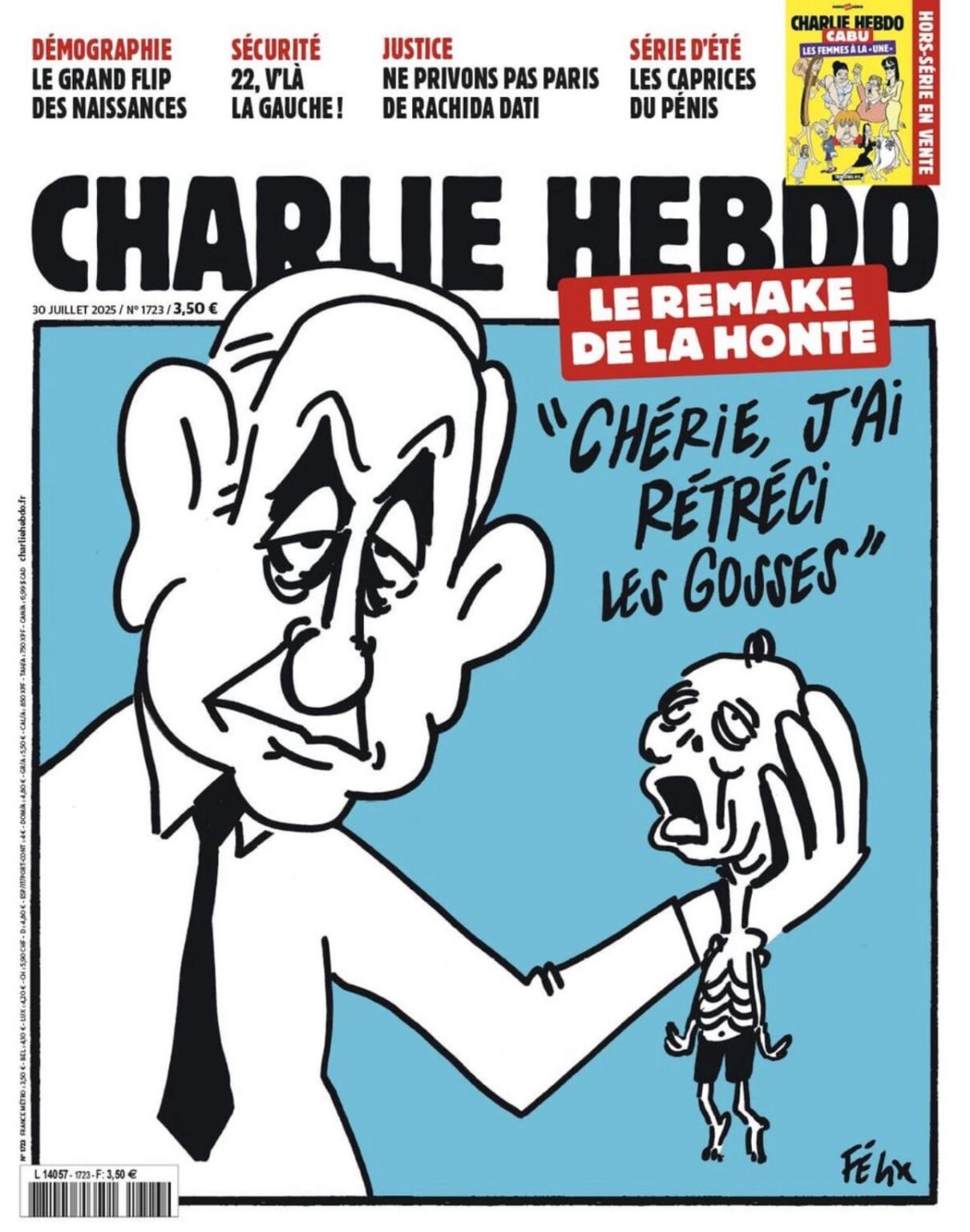 Charlie Hebdo July 30th article featuring Netanyahu, “Honey, I shrunk the kids.”