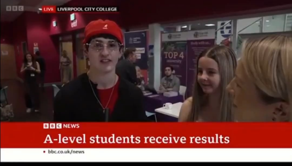 Student being interviewed about exam results on the BBC  says they are complicit in the Gaza genocide live on air