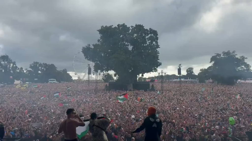 Kneecap lead a huge Free Palestine chant at their Electric Picnic (Irish music festival) set today