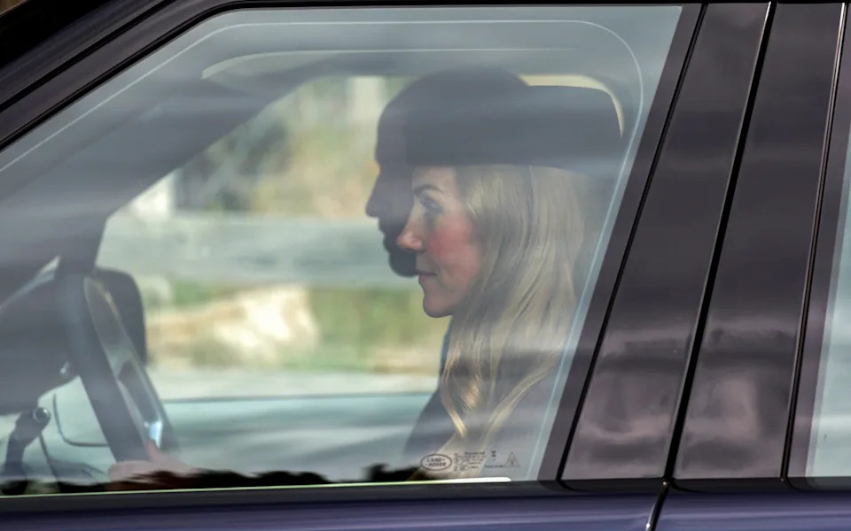 Prince of Wales and Catherine, Princess of Wales depart by car at Crathie Kirk after attending the church service on August 24