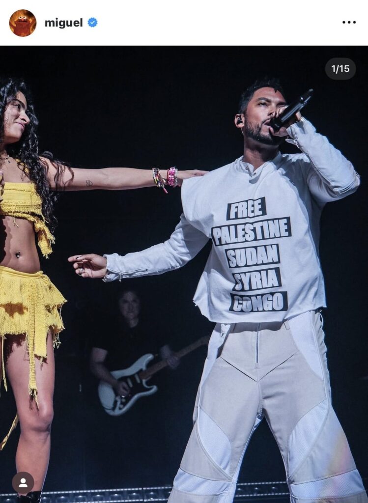 Jessie Reyez brought out Miguel to perform their collaboration ‘JEANS’ with Miguel wearing a shirt that read: “Free Palestine, Sudan, Syria & Congo”