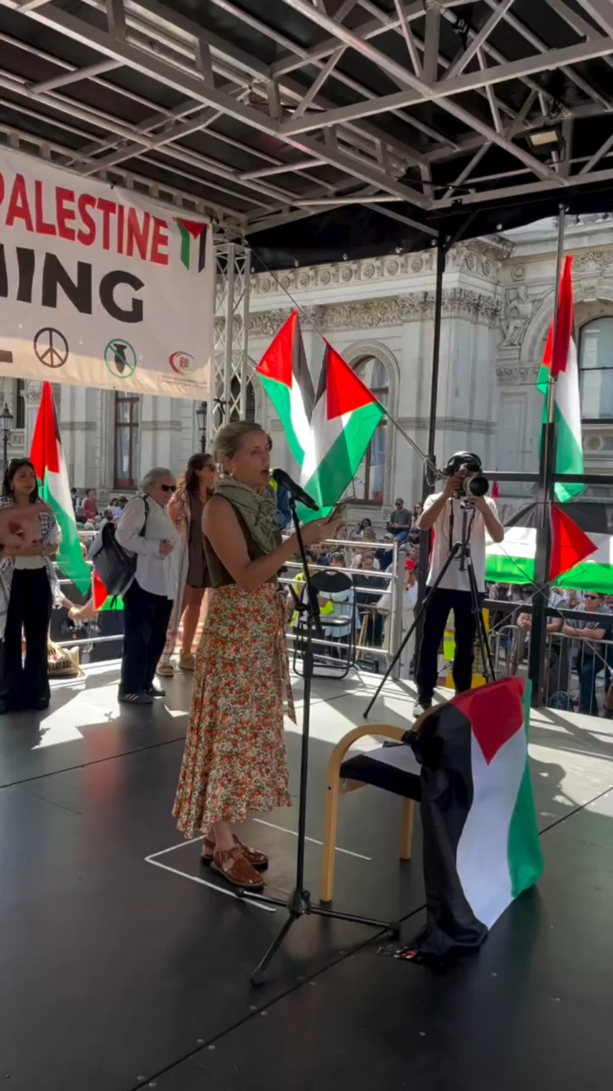 Andor's star Denise Gough ends her incredible speech at a demonstration for Palestine today by reading a poem written by the Palestinian poet from Gaza, Nour Abdel Latif, called “If I Must Starve”