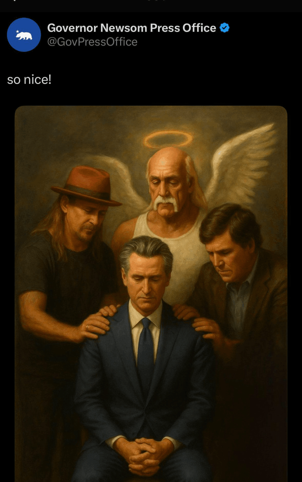 Gavin Newsome tweets picture of him being blessed by Tucker Carlson, angel Hulk Hogan, and Kid Rock