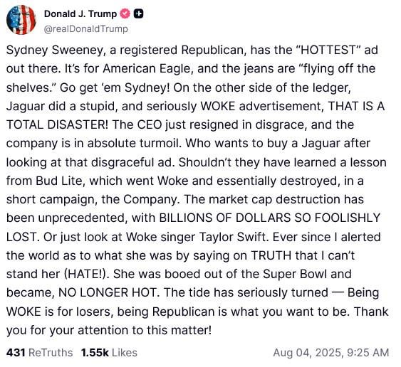 Registered Republican Sydney Sweeney has full-support of President of the United States