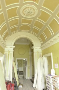 The entrance hall of the Grade II-listed Forest Lodge, in Windsor Great Park, Berkshire, a Georgian mansion once admired by both King George IV and King Edward VIII  which will soon be available for rent it was announced.   *...The 8 bedroomed house is currently undergoing   1.5 million restoration work to retain its fine period detail but will be ready for occupation in the autumn for   15,000 a month. It features original stonework, elaborate plaster cornices and ceiling decoration, exquisite marble fireplaces, Venetian windows and a half-barrel vaulted hallway ceiling and is worth an estimated   5.5 million.   (Photo by John Stillwell - PA Images/PA Images via Getty Images)