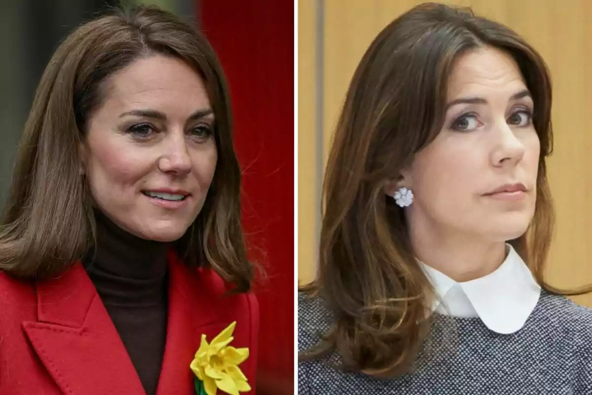 Two women with brown hair, one wearing a red coat and the other a gray sweater with a white collar.