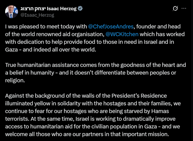 Chef José Andrés, founder and head of the World Central Kitchen, meets with the President of Israel Isaac Herzog to discuss to discuss bringing in aid to Gaza and Israel. The IDF has killed several WCK aid workers.