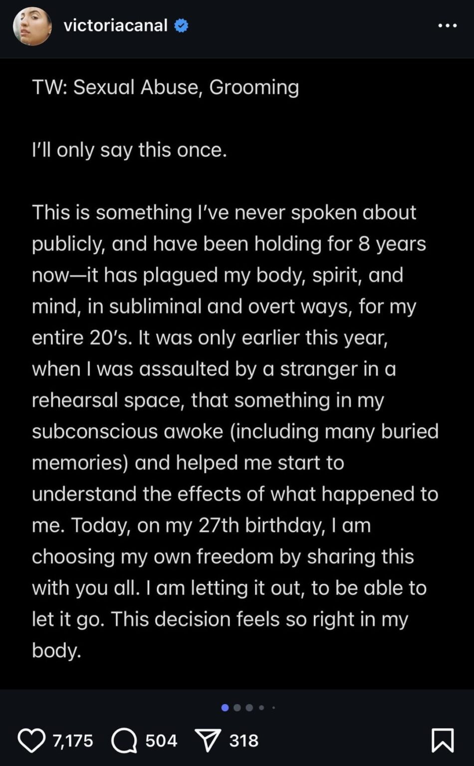 Singer/Songwriter  Victoria Canal details SA and grooming that happened to her when she was 19 and dares her followers to name the alleged offender