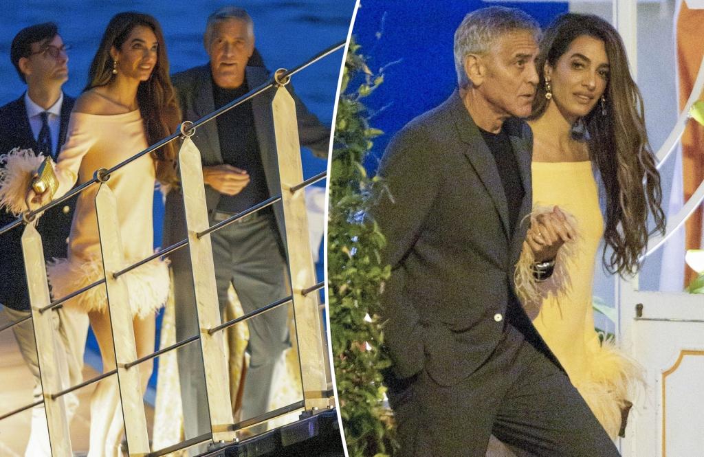Amal Clooney sports feathered dress for date night with George Clooney Amal Clooney sports feathered dress for date night with George Clooney