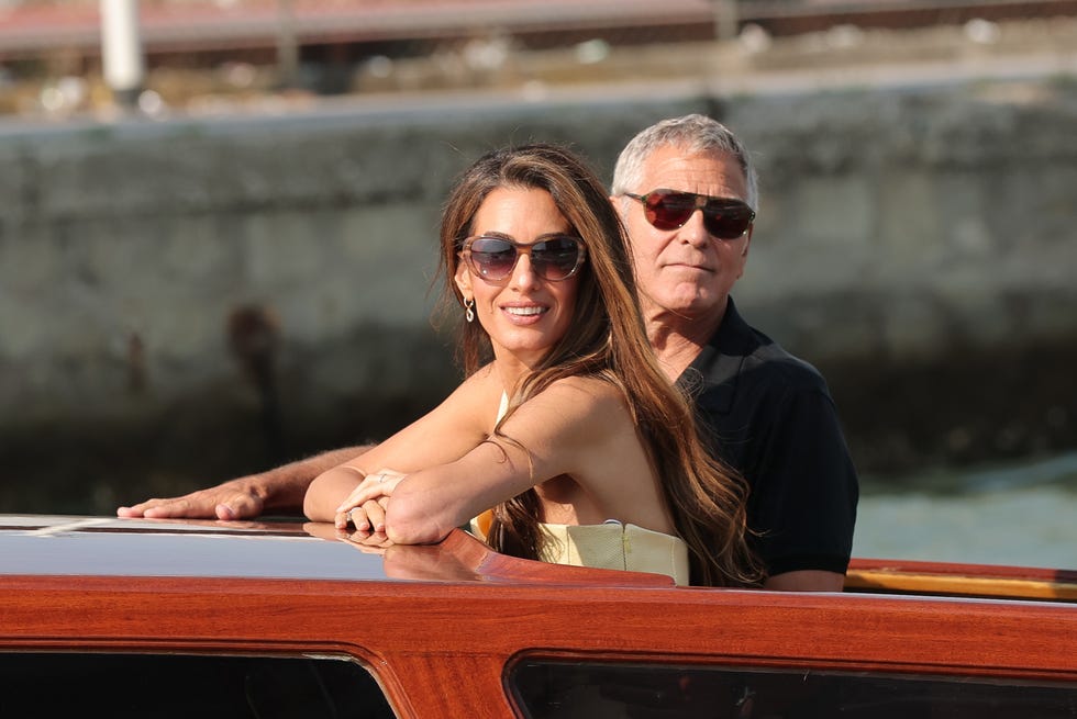 venice, italy august 26: amal clooney and george clooney are seen arriving ahead of the 82nd venice international film festival 2025 on august 26, 2025 in venice, italy. (photo by jacopo raule/gc images)