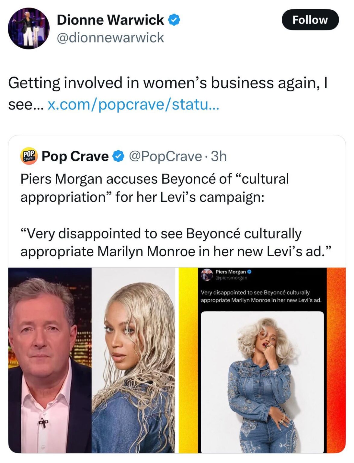 Dionne Warwick reacts to Piers Morgan coming after Beyoncé: "Getting involved in women’s business again, I see…"