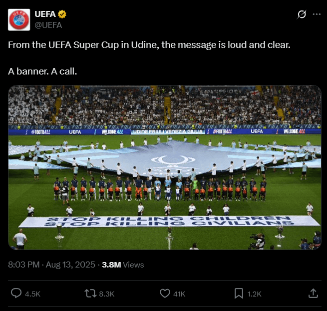 UEFA's Twitter posts a vague 'anti-war' banner after Mo Salah's rebuke, calling out Israel without naming it.