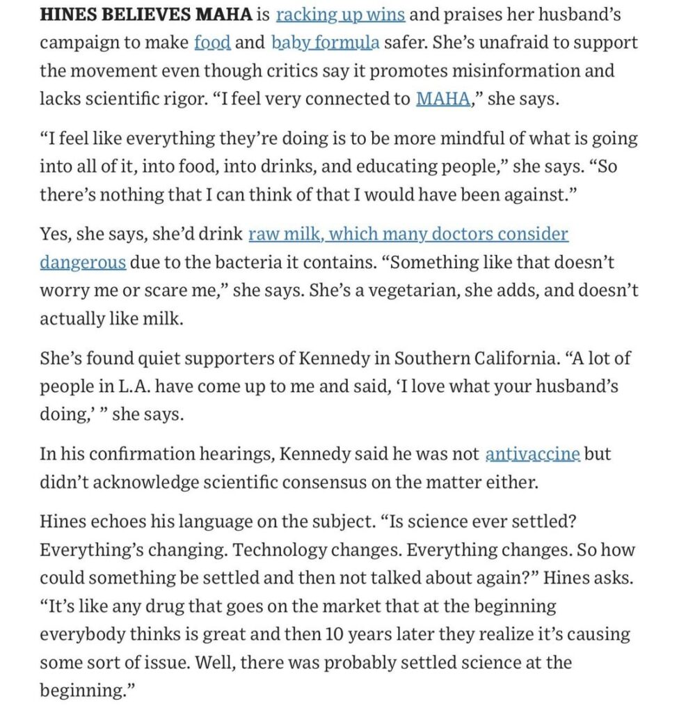 New Cheryl Hines’ interview: She is angry Caroline Kennedy called her husband a predator, found Laurie David’s post calling her out “odd”, would drink raw milk, when asked about vaccines said “is science ever settled?” and declined to comment on RFK Jr.’s sexting allegations