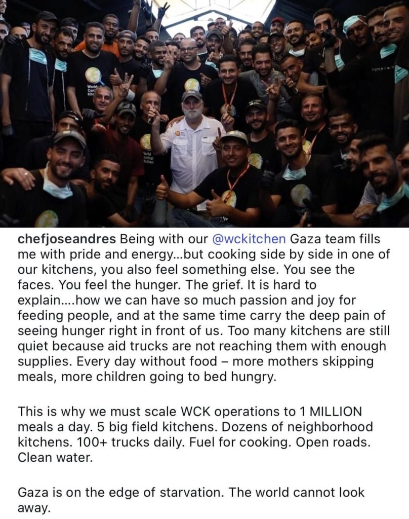 Chef José Andrés visited Deir al-Balah in Gaza yesterday, with his organization World Central Kitchen, & helped prepare meals for starving Palestinians: “how we can have so much passion and joy for feeding people, and at the same time carry the deep pain of seeing hunger right in front of us.”