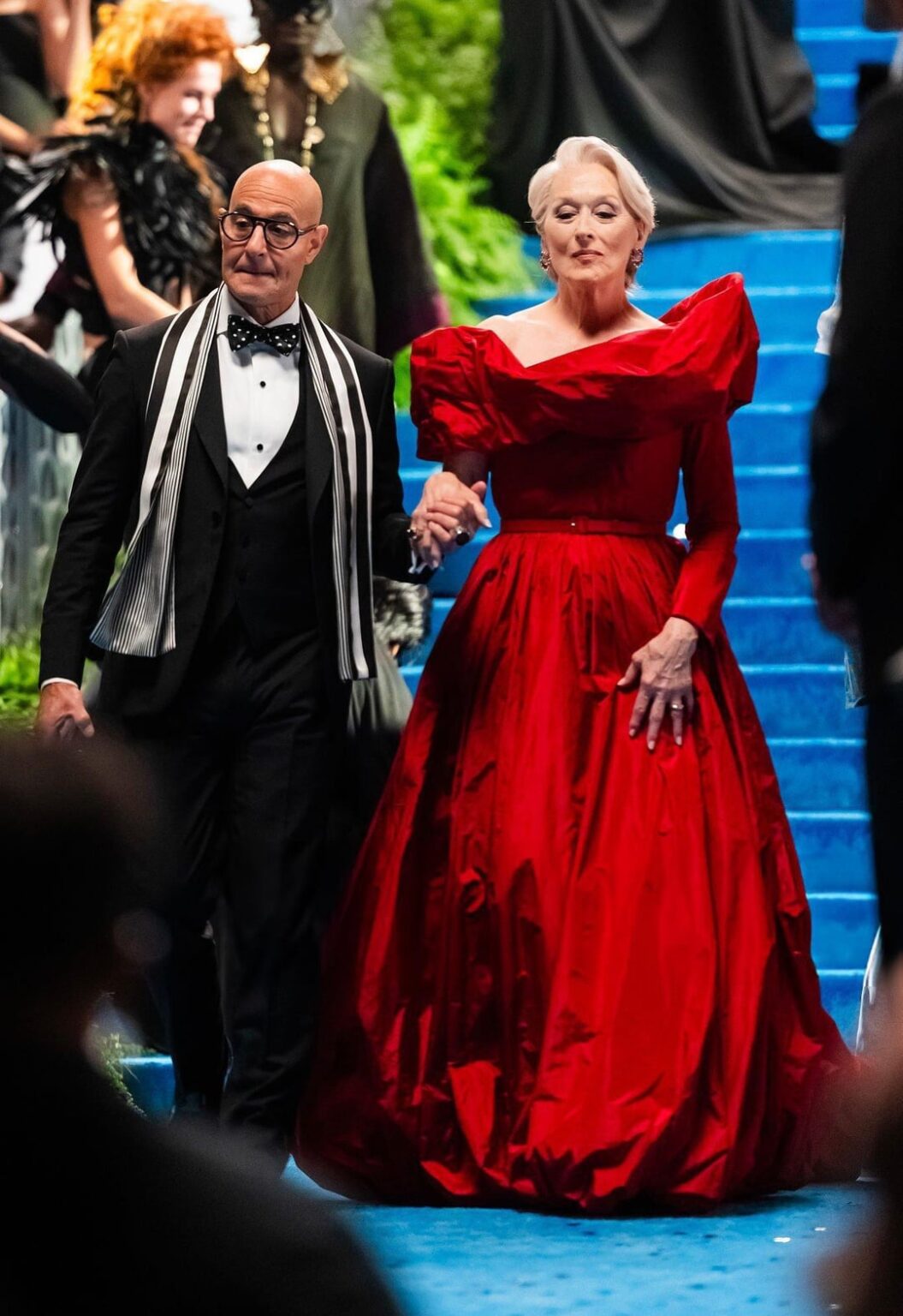 Meryl Streep, Stanley Tucci, and Simone Ashley on the set of The Devil Wears Prada 2