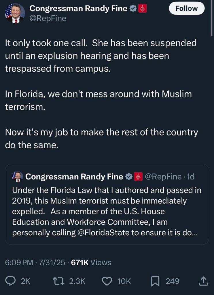 Representative Randy Fine directly suspends FSU grad student over pro-Palestinian views