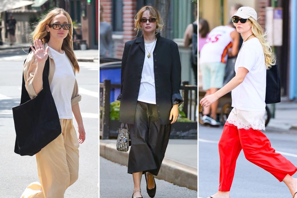 Jennifer Lawrence wears her favorite white T-shirts from Goldie so many ways Jennifer Lawrence wears her favorite white T-shirts from Goldie so many ways