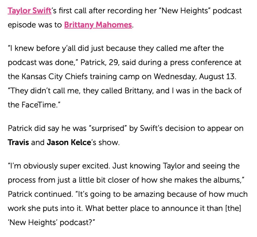 After revealing her new album on the New Heights podcast, Taylor Swift's first call was to MAGA Barbie Brittany Mahomes.