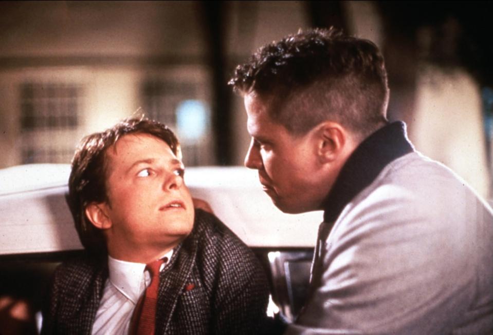 Michael J. Fox and Thomas F. Wilson in Back to the Future.