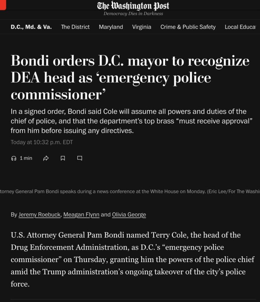 Breaking: Bowser, D.C. attorney general reject Bondi move to replace police commissioner in first major pushback to federal takeover