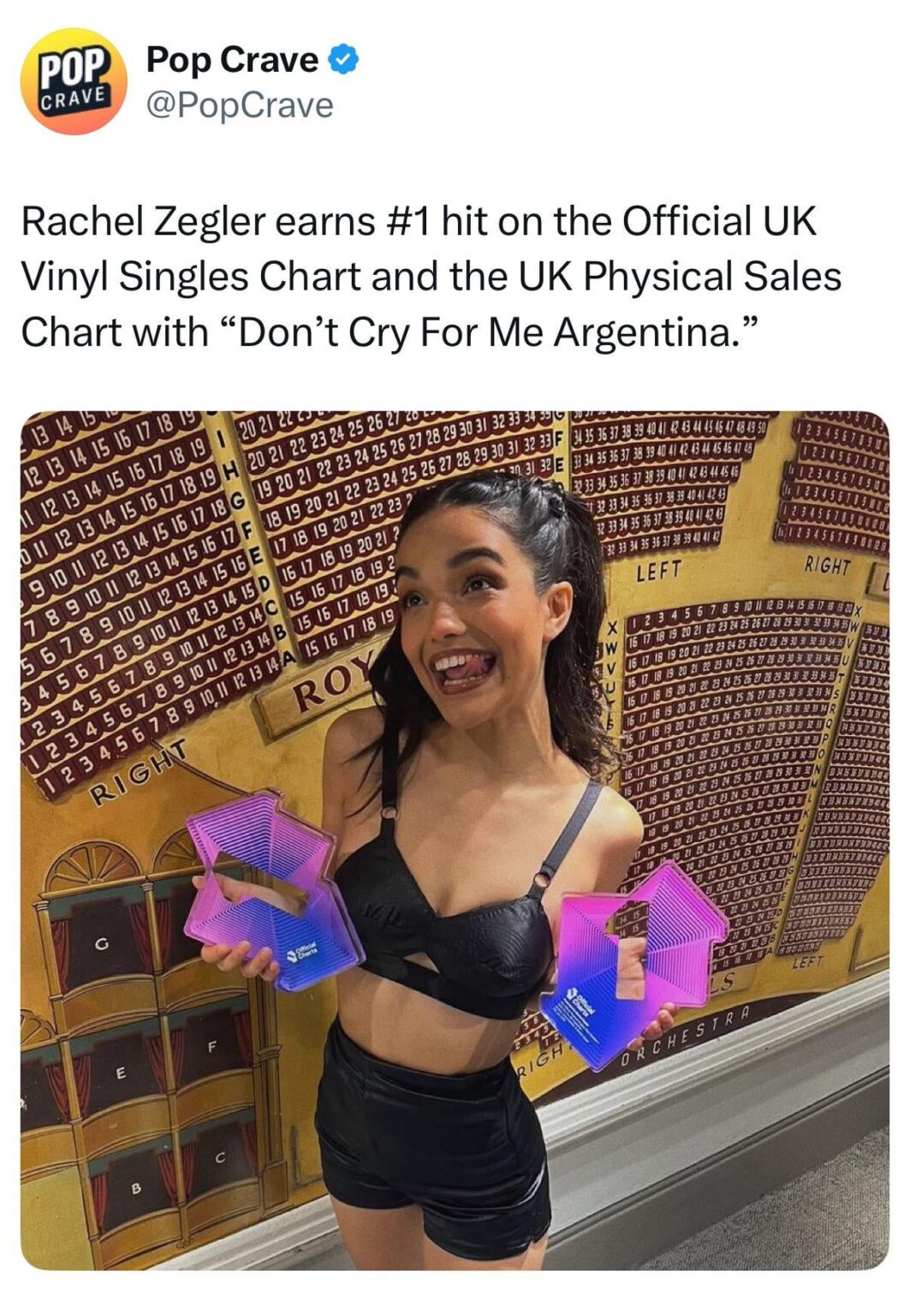 Rachel Zegler earns #1 hit on the Official UK Vinyl Singles Chart and the UK Physical Sales Chart with “Don’t Cry For Me Argentina”