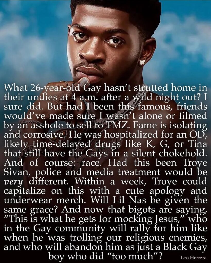 Queer artist and author Leo Herrera shares his thoughts on Lil Nas X’s overdose, subsequent arrest, and the aftermath