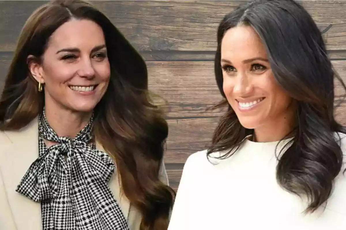 Two smiling women with long dark hair pose in front of a wooden background.