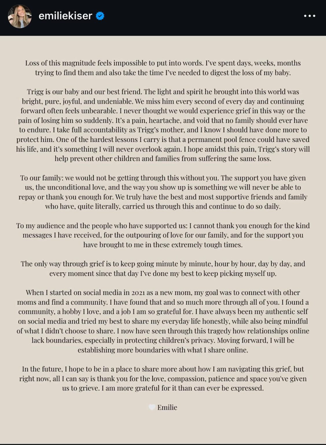 Emilie Kiser breaks silence about the death of her son, doesn’t mention her husband by name in statement
