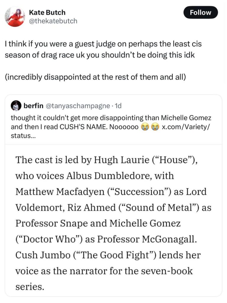 RuPaul’s Drag Race UK star, Kate Butch, calls out former guest judge, Cush Jumbo, for joining new Harry Potter project: “the author hates trans people and working on anything to do with that series puts money in her pocket”