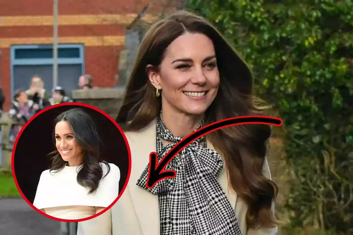 Long-haired brunette woman smiles outdoors while wearing a light coat and a bow blouse, with a red circle showing another woman with loose dark hair dressed in white, accompanied by a red arrow pointing to the first woman.