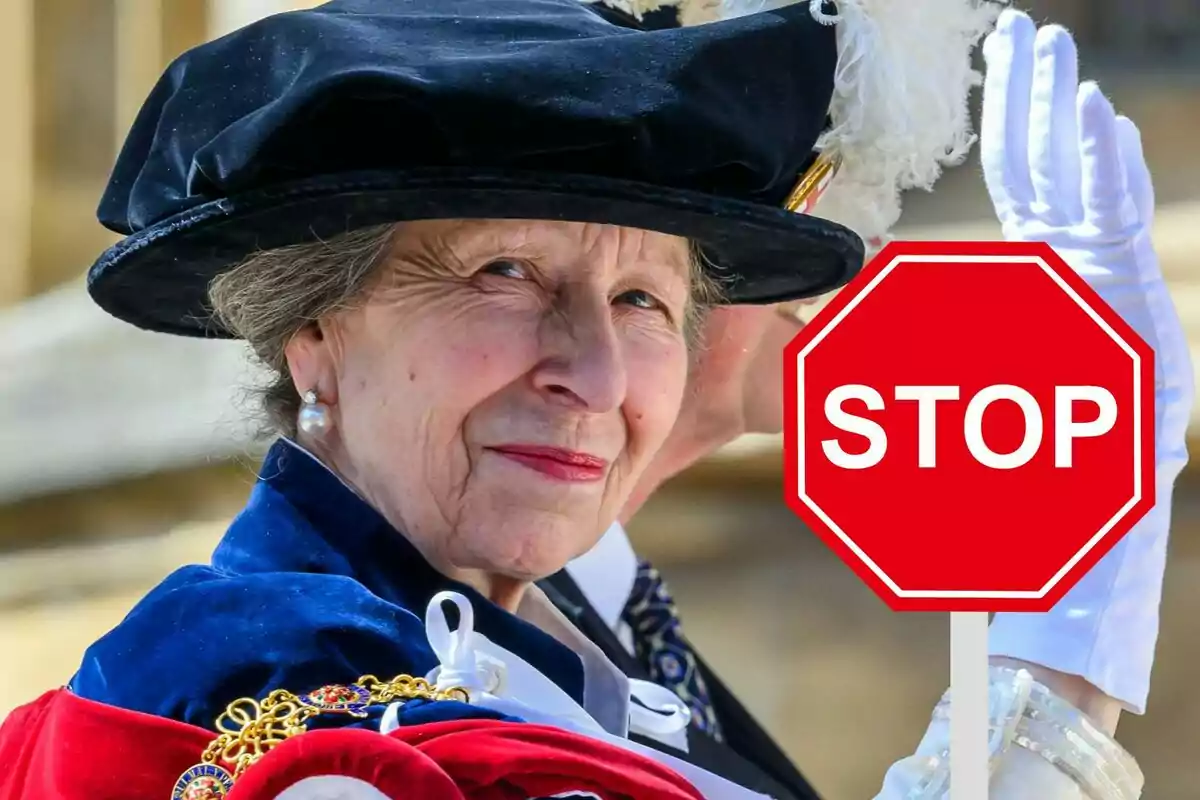 Elderly woman wearing an elegant hat and formal attire holding a red stop sign that says STOP